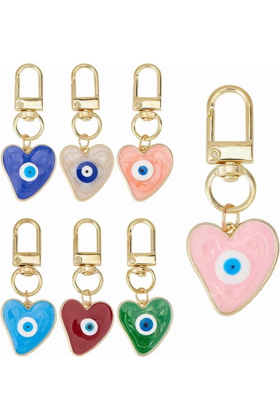 7Pcs 7 Colros Eye Good Luck Keychain Heart with Evil Eyes Jewelry Keychains Keyrings Necklace for DIY handcrafting