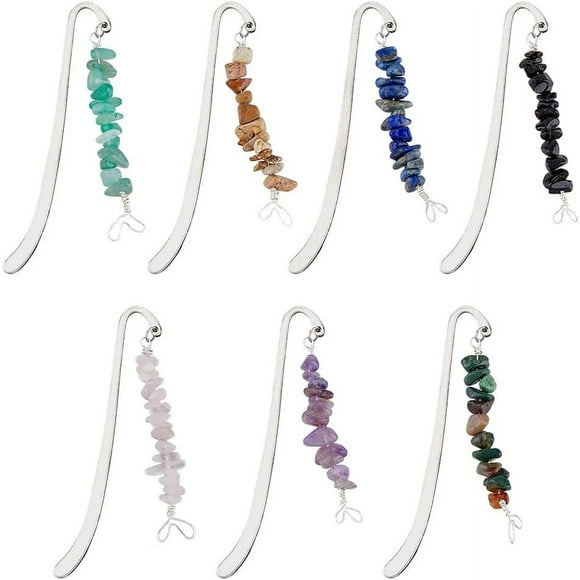 7Pcs 7 Styles Beautiful Reading Bookmarks Natural Crystal Bookmark Beading Bookmarks with Gemstones Chip Beaded Bookmark Birthday Christmas Gifts for Friend Sister Daughters DIY