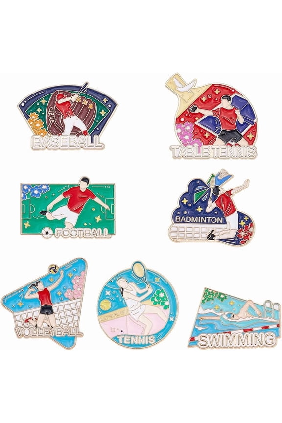 7Pcs 7 Styles Sports Themed Alloy Enamel Brooches Master of Sports Bridge Enamel Pins Mixed Color 23~33x30~34mm 1pc/style DIY