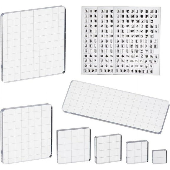 7Pcs Acrylic Stamp Blocks with 1pc Letter and Number Stamps Clear Stamping Blocks Tools with Grid Lines Decorative Stamp Blocks for DIY Crafts Scrapbooking Card Making Stamping Projects Clear