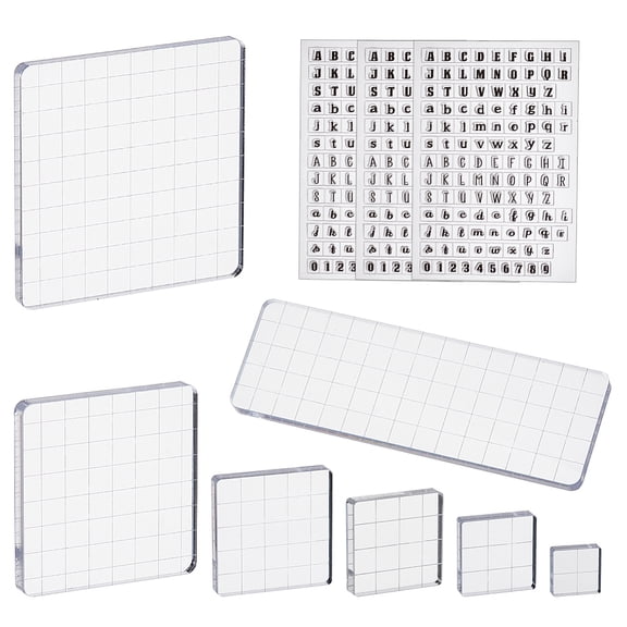 7Pcs Acrylic Stamp Blocks with 1pc Letter and Number Stamps Clear Stamping Blocks Tools with Grid Lines Decorative Stamp Blocks for DIY