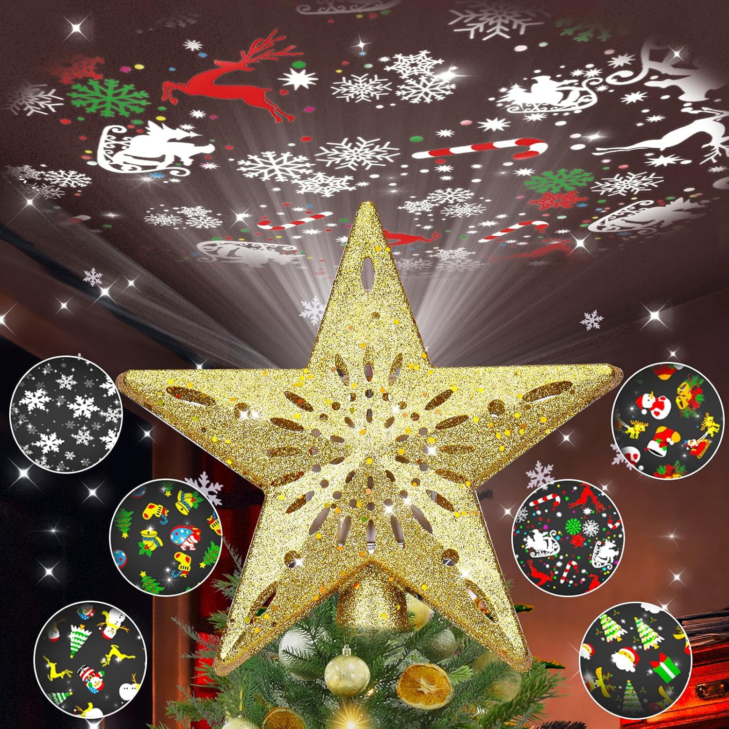Gold 3D Lighted Christmas Tree Topper with Rotating Projection