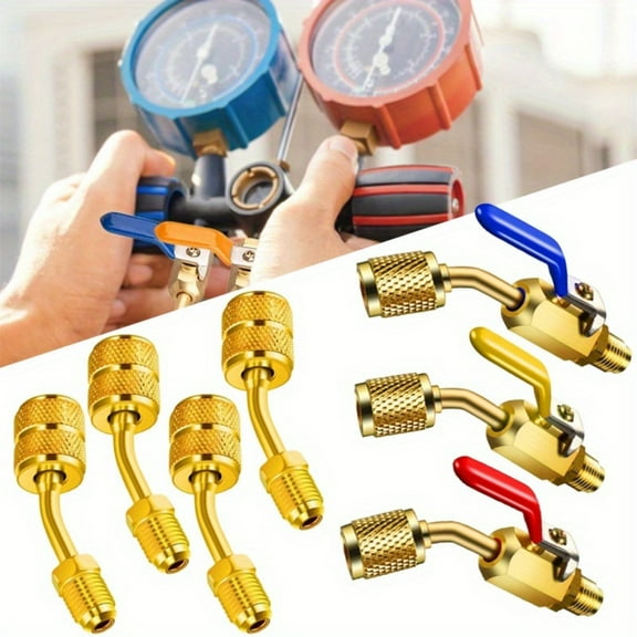 7Pcs Air Conditioning Refrigerant Angled Compact Ball Valve 1/4 Inch & Mini Split Adapter 5/16 to 1/4 coupler, Compatible with R134a, R410A, R22, R12  