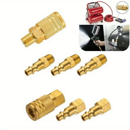 7Pcs Air Hose Fittings Quick Connect Brass Air Coupler and Plug Kit,Industrial Type D,1/4 Inch NPT Air Compressor Fittings,Hand Tools Kits,Springtok