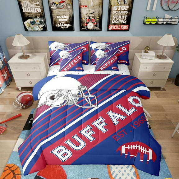 7Pcs American Football City Bedding Set Queen Size Bed In A Bag, 3D Sports Bedroom Comforter, 1 Comforter   Flat Sheet   Fitted Sheet   2 Pillowcases   2 Throw Pillow Covers, Buffalo