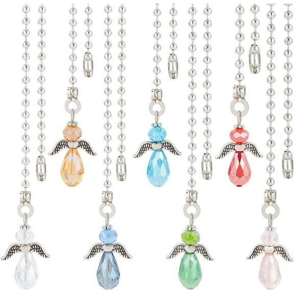 7Pcs Angel Faceted Glass Ceiling Fan Pull Chain Extenders Multi-Color Crystal Ceiling Fan Extension with Ironl Ball Chain for Ceiling Fan Light Decoration