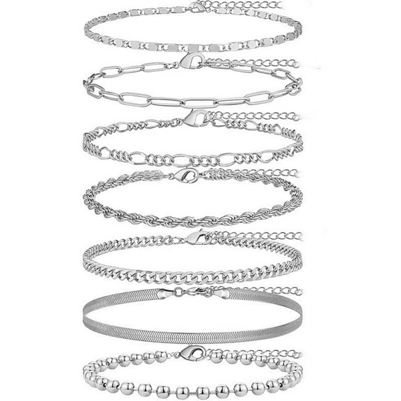 7Pcs Ankle Bracelets for Women Waterproof, S925 Sterling Silver Anklets Jewelry Layered Cuban Chain Herringbone Cute Anklets Set Pack Summer Beach Gift for Women and Girls