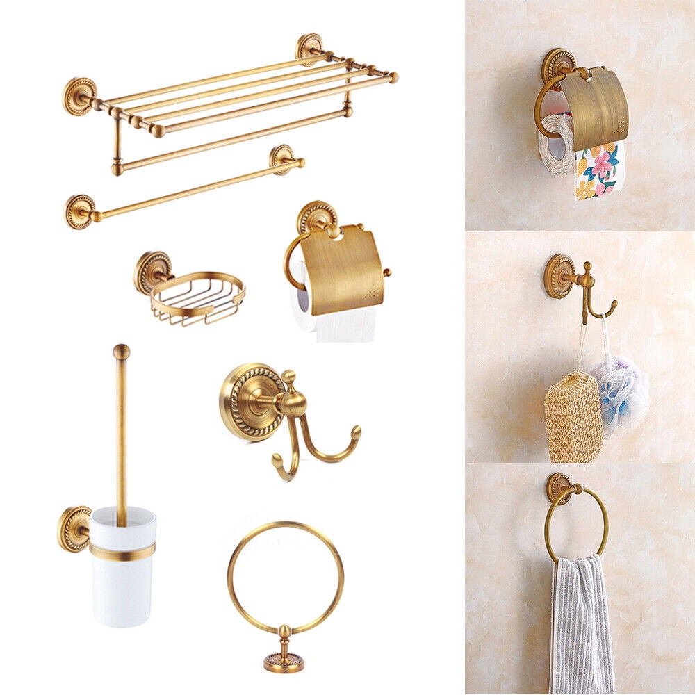7Pcs Antique Bathroom Accessories Bath Hardware Set Carved Brass Towel Rack  Bar 