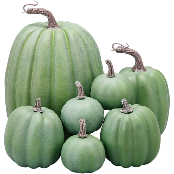 7Pcs Artificial Pumpkins Halloween Decoration, Lifelike Simulation Mixed Harvest Fall Foam Pumpkins for Halloween Thanksgiving Home Party Supplies (Dark Green 01-7pcs)