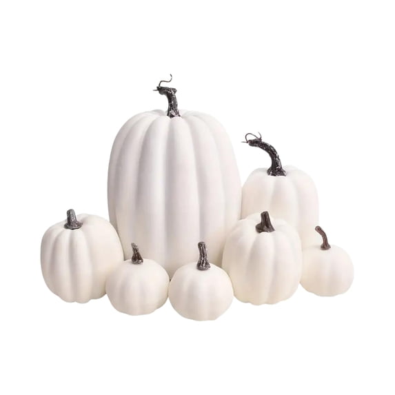 7Pcs Halloween Fake Pumpkins Decorations, Fall Harvest Pumpkin Ornament, Cozy Country Style Pumpkin for Autumn Halloween Thanksgiving Decor, White