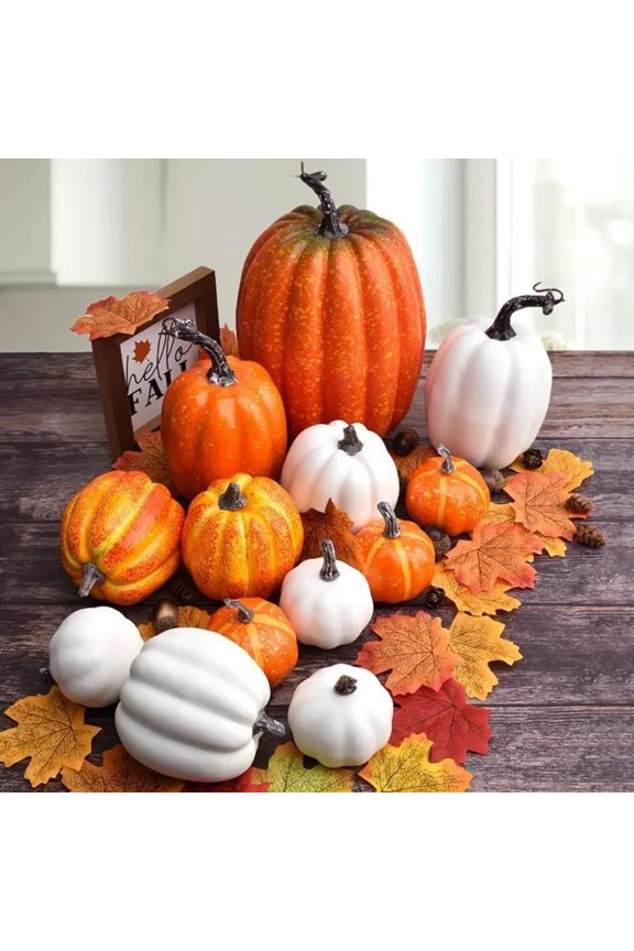 7Pcs Assorted Sizes Artificial Fake Pumpkins Large Faux Harvest Orange Pumpkins for Fall Thanksgiving Halloween Seasonal Holiday Decor Decoration