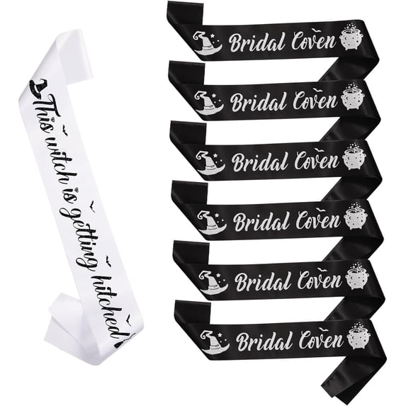 7Pcs Bachelorette Party Sash Set, This Witch is Getting Hitched Bride Sash, Bridal Coven Sashes with Witch Hat and Jar Pattern for Bridal Shower Bachelorette Witch Theme Halloween Party