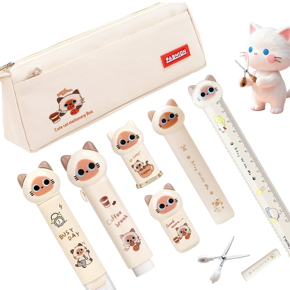 7Pcs Beige Cute Cat Stationery Gifts Set Kawaii Japanese Stationery Christmas Birthday GIFS Includes Pencil Sharpener Highlighter Correction Tape Pens Ruler for Office Supplies