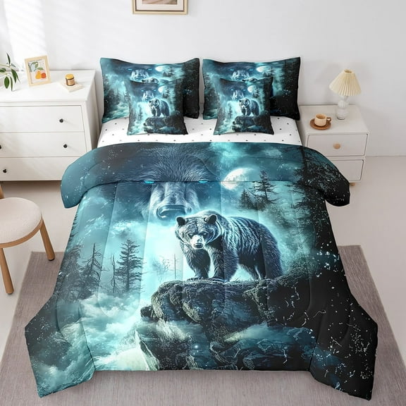 7Pcs Black Bear King Comforter Set Country Woodland Wildlife Bedding Sets Rustic Farmhouse Bed In A Bag Chic Blue Eyes Moon Quilt with Flat Fitted Sheet for Women Men Adults