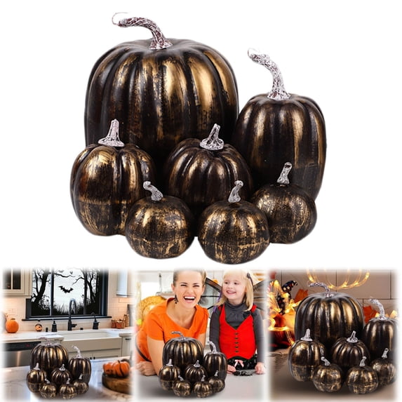 7Pcs Black Gold Assorted Foam Artificial Pumpkins,Bronze Metallic Pumpkin Set for Halloween Fall Thanksgiving Table Centerpiece Mantel Shelf Decor,One Size,Bronze (Clearance)