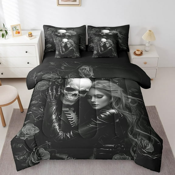7Pcs Black Valentines Day Queen Comforter Set,3D Sugar Kiss Skull Bedding Sets,Gothic Rose Floral Bed In A Bag,Skull and Love Quilt with Flat Fitted Sheet Valentine'S Day Gift Decor