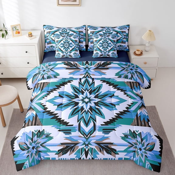 7Pcs Blue Southwestern Queen Comforter Set,Vintage Bohemian Geometry Bedding Sets,Exotic Style Flower Diamond Bed In A Bag,Western Tribal American Quilt with Flat Fitted Sheet