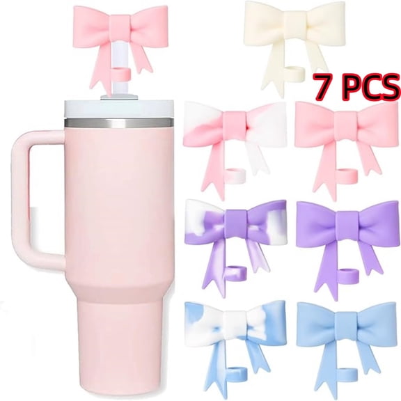 7Pcs Bow Straw Covers Cap Toppers Compatible with Stanley Tumbler Cups, 10mm Reusable Silicone Straws Topper