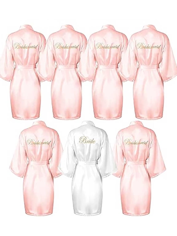 7Pcs Bridesmaid Robe Sets Bride Silk Satin Bridal Party, Bridesmaid Wedding Robes Silky Bathrobes Summer Loungewear(White and Pink)