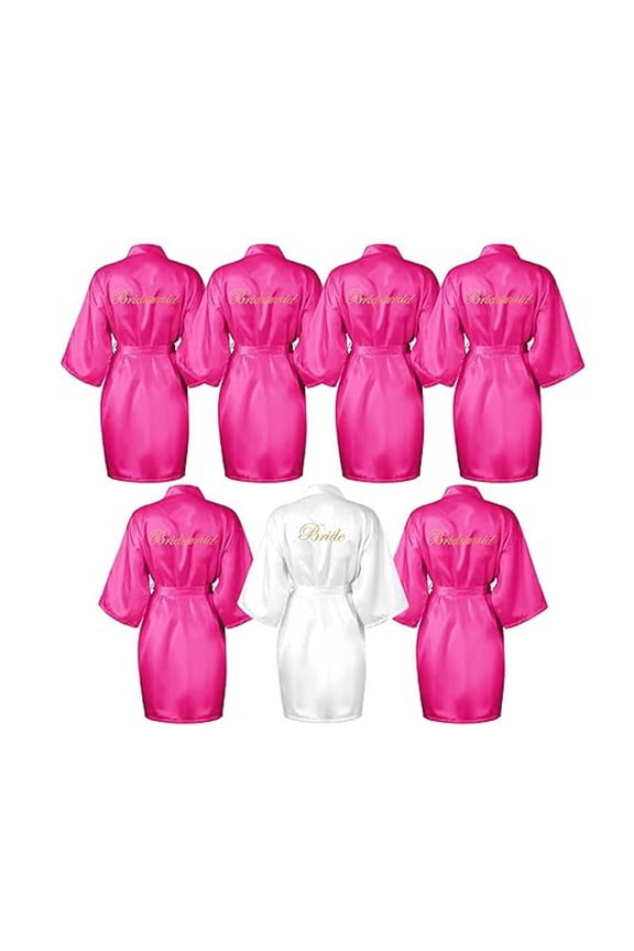 7Pcs Bridesmaid Robe Sets Bride Silk Satin Bridal Party，Bridesmaid Wedding Robes Silky Bathrobes Summer Loungewear(White and Rose Red）