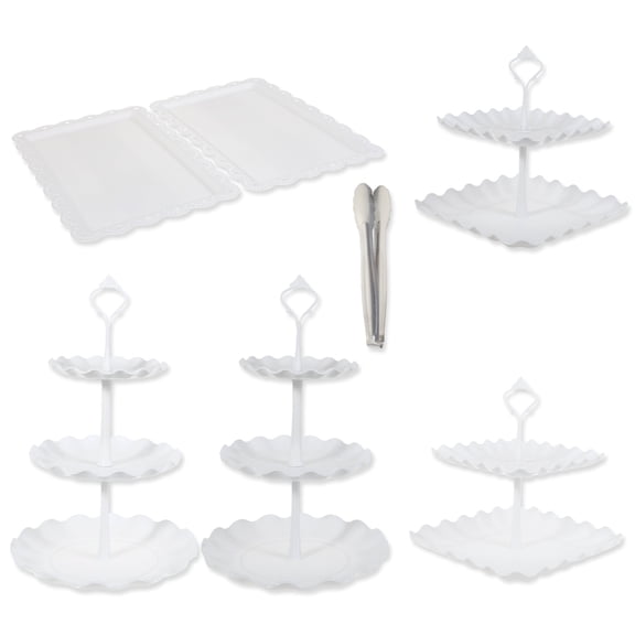 7Pcs Cake Stand Set Plastic 2/3 Tiers Cupcake Display Tower with Dessert Serving Trays Reusable Cookie Pastry Holders for Birthday Party