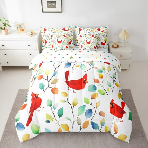 7Pcs Cardinal Bird Bedding Comforter Sets Boho Floral Bed in a Bag, Colorful Leaves Twin Bedding Sets Abstract Watercolor Plant Comforter Set, Wild Animal Bedding Sets