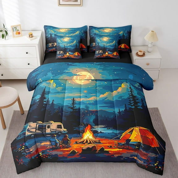 7Pcs Cartoon Camper Comforter Sets Queen Size, Colorful Camping Car Natural Landscape Comforter Set Bed in a Bag(1 Comforter, 1 Flat Sheet 1 Fitted Sheet 2 Pillowcases and 2 Throw Pillow Covers)