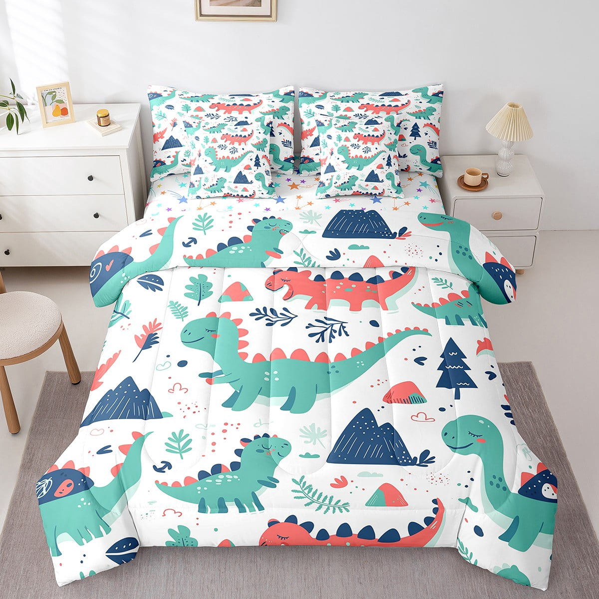 7Pcs Cartoon Dinosaur Bed In A Bag full Size,Kids Kawaii Dino Comforter ...
