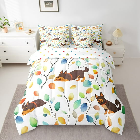 7Pcs Cartoon Dog Bedding Comforter Sets Watercolor Floral Bed in a Bag, Botanical Plants Queen Bedding Sets Animal Pet Pug Puppy Comforter Set, Tropical Leaves Bedding Sets
