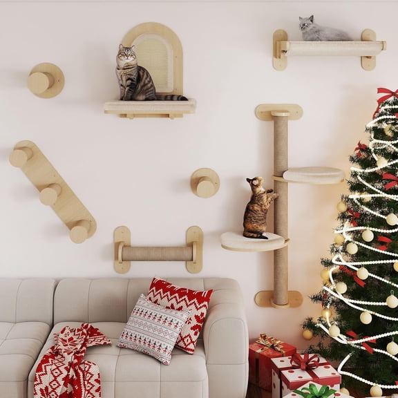 7Pcs Cat Wall Shelves, Solid Wood Indoor Cat Tree, Multi-Levels, Sturdy Wooden Wall Mounted Climbing Frames with Scratching Posts, Kitten Platform and BedNatural Wood
