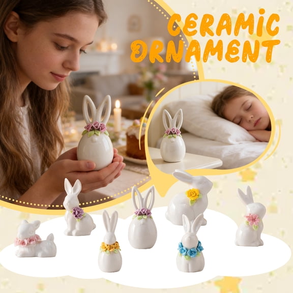 7Pcs Ceramic Rabbit Figurines, Porcelain Easter Bunny Decorations for Home,for Tabletop, Living Room