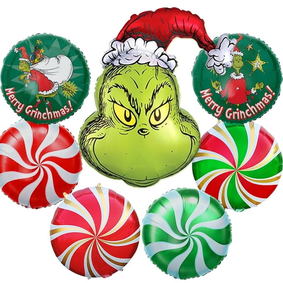 7Pcs Christmas Balloons Kit, Candy Foil Balloons, Red Green Balloon Set for Xmas Party Decorations