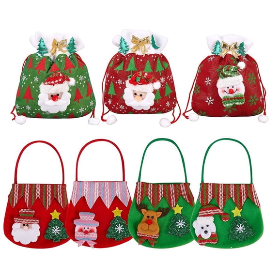 7Pcs Christmas Non-Woven Fabrics Candy Bags Mixed Patterns Drawstring Bags with Handle Reusable for Christmas Party Snack Gift Decorations