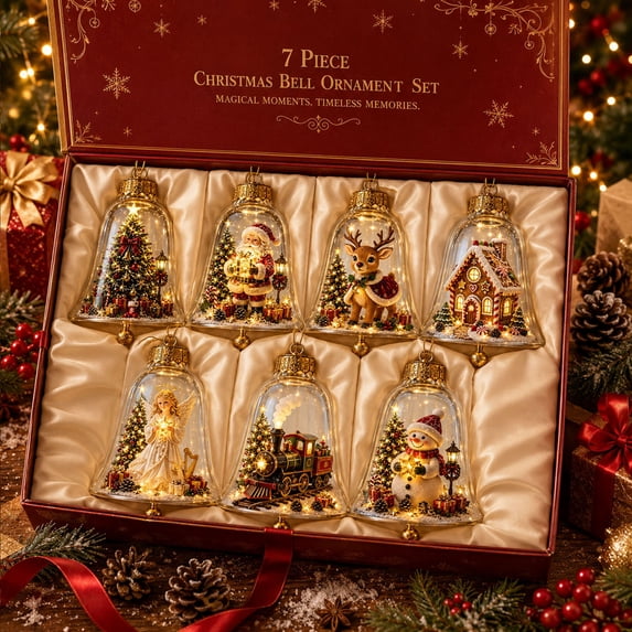7Pcs Christmas Story Ornaments, Glowing Bells Shape Mini Holiday Scene, Christmas Tree Hanging Decor, Holiday Home Decor & Festive Gift