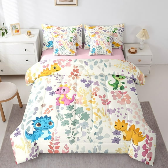 7Pcs Colorful Dinosaur Twin Bedding Set with Sheets,Cute Boho Flower Dino Comforter Set,Kawaii Animal Floral Bed Set with Fitted Sheet,Flat Sheet,Pillowcases
