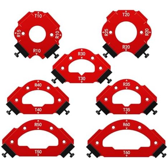 7Pcs Corner Jig Template for Router Table Radius Chamfer, Aluminum Alloy Edge Trimming Round Corner Template for Woodworking Picture Frame Cutting Outer Diameter R10 R20 R30 R35 R40 R50 R60