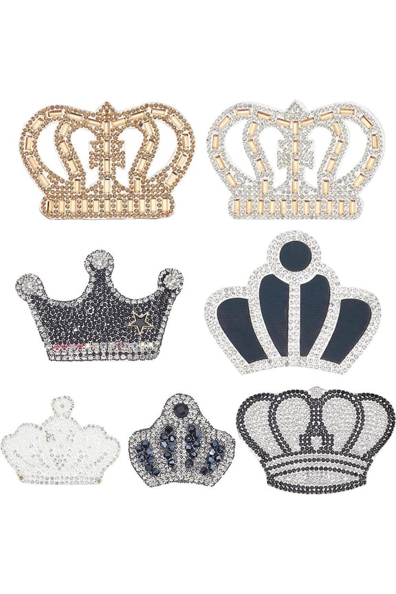 7Pcs Crown Rhinestone Clothes Patches Mixed Style Size Sew/Iron on Glitter Hotfix Patches for Clothing Repair Dress Shoes Garment Decoration DIY Gift
