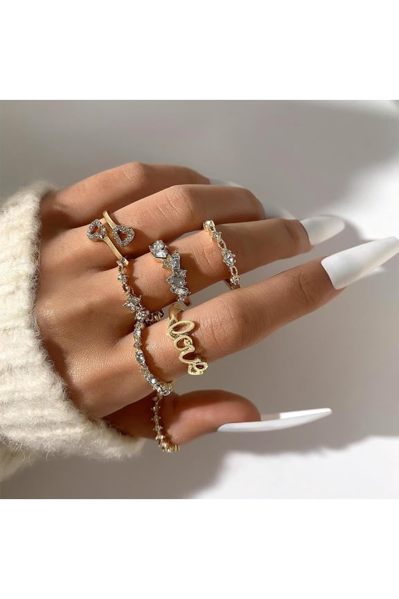 7Pcs Crystal Rhinestone Cuff Rings Set Golden Alloy Stackable Rings Word Inner Diameter 18mm