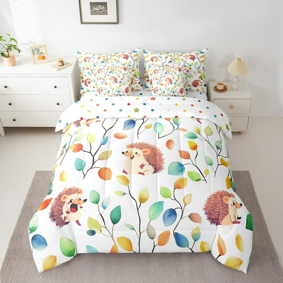 7Pcs Cute Hedgehog Bedding Comforter Sets Boho Floral Bed in a Bag, Colorful Leaves Twin Bedding Sets Abstract Watercolor Plant Comforter Set, Wild Animal Bedding Sets