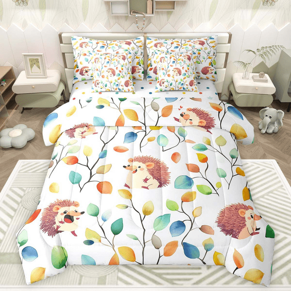 7Pcs Cute Hedgehog Bedding Comforter Sets Boho Floral Bed in a Bag, Colorful Leaves Twin Bedding Sets Abstract Watercolor Plant Comforter Set, Wild Animal Bedding Sets