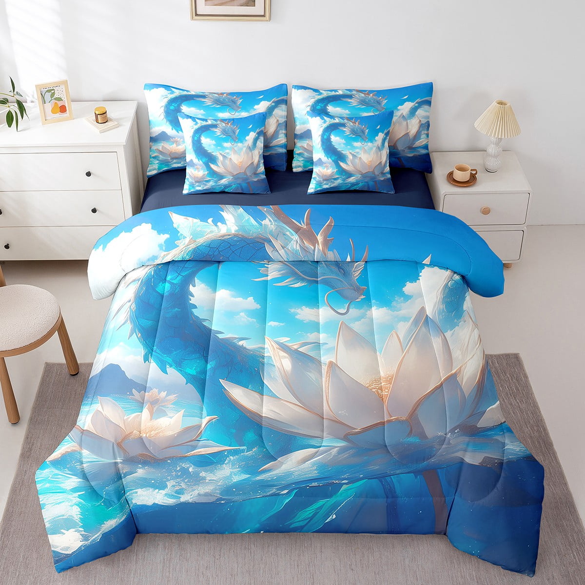 7Pcs Dragon Comforter Set King,White Lotus Flower Bedding Set ...