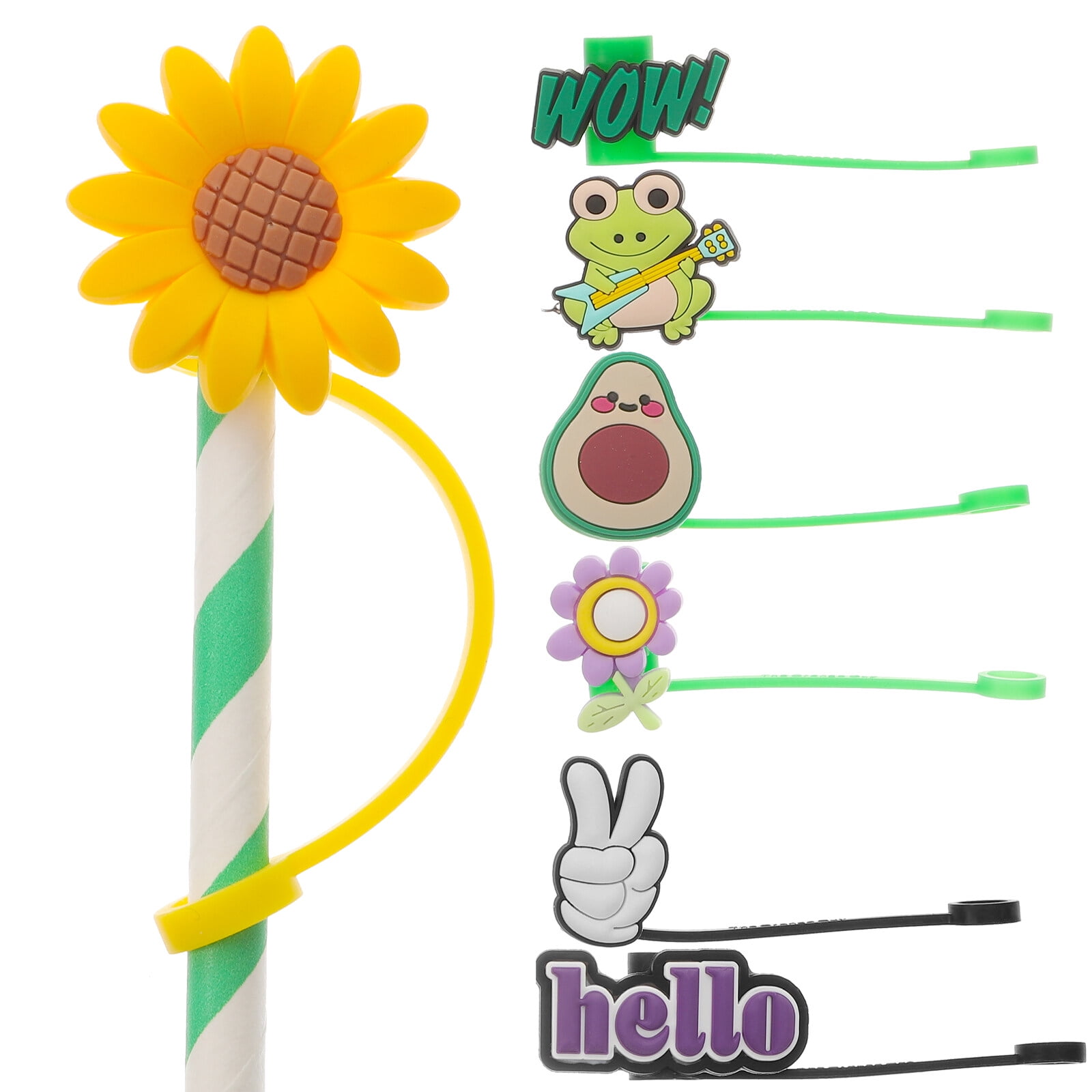 7Pcs Drinking Straw Caps Silicone Drinking Straw Lids Cartoon Straw