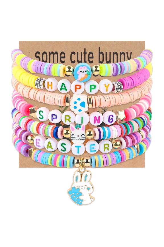 7Pcs Easter Bunny Bracelets Set Stretch Elastic Boho Stackable Jewelry Easter Gifts for Girls Women Party Favors