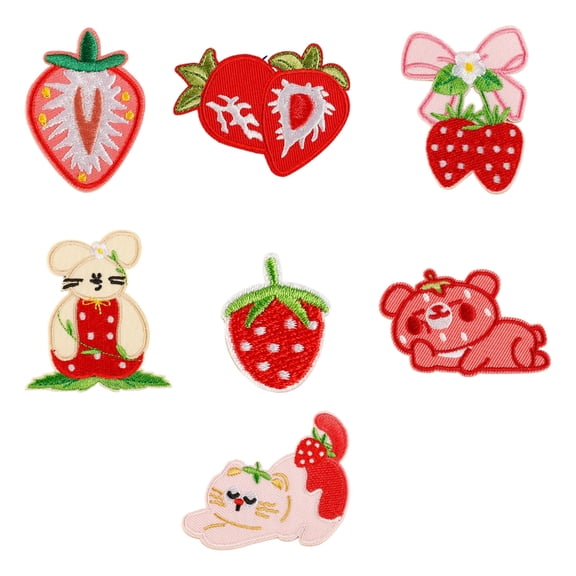 7Pcs Embroidered Strawberry Iron On Fabric Patches Adhesive Clothing Appliques for Jackets Bag Hat Embellishments