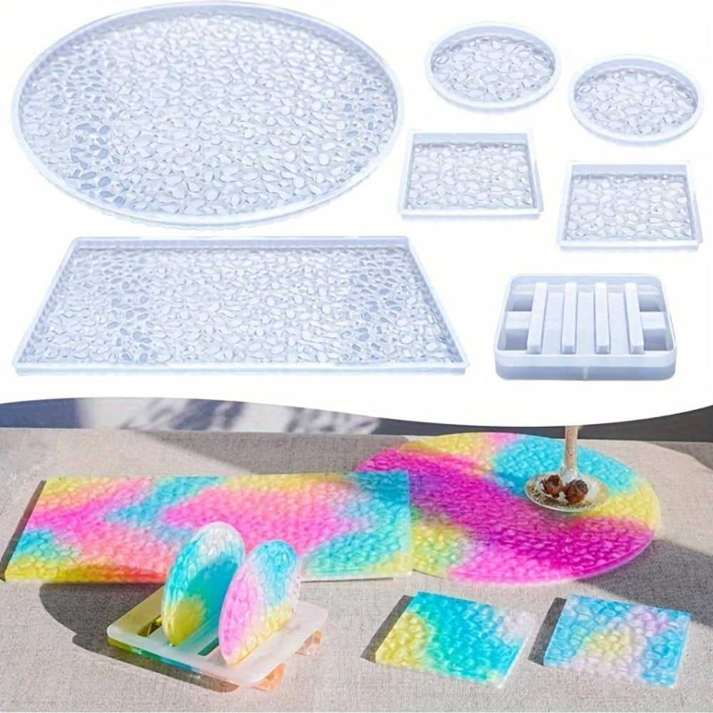 7Pcs Epoxy Resin Molds Set, Silicone Tray Molds, Round Silicone Coaster Molds, Diamond Bottom Resin Casting Molds, Silicone Molds for DIY Resin Coaster Tray Home Decor