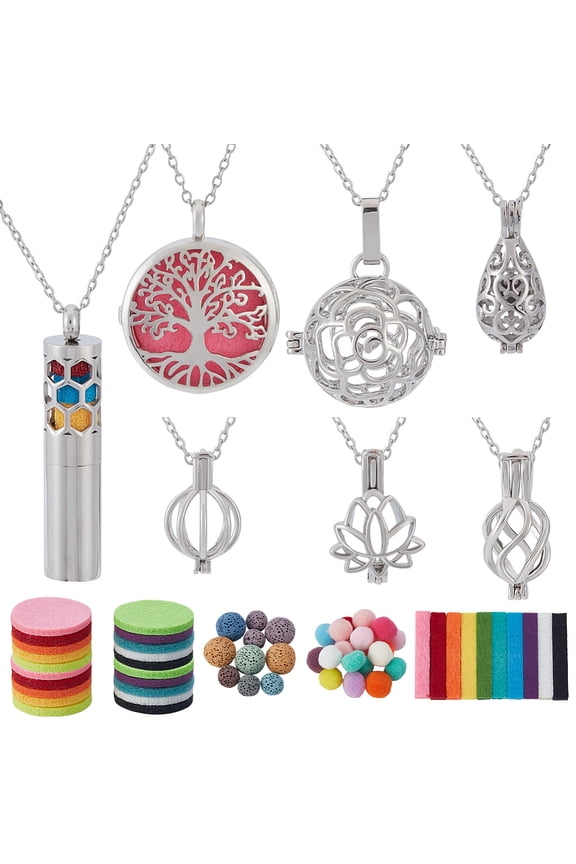 7Pcs Essential Oil Diffuser Necklace 30Pcs Perfume Pads Diffuser Stainless Steel Pendant Aromatherapy Locket Pendant Stainless Steel Scent Necklace