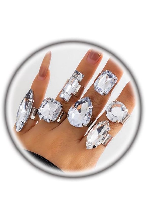 7Pcs Exaggerated Chunky Large Rhinestone Ring Set,Glitter Heart  Oval Teardrop Knuckle Rings,Unique Red Crystal Open Rings Pack Cocktail Jewelry