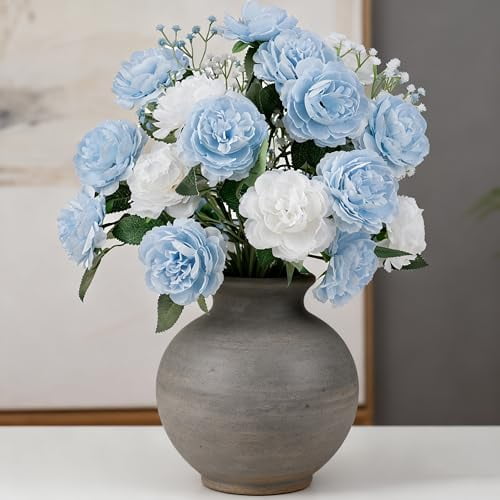 7Pcs Fake Peonies Artificial Flowers,25.6"long stem Faux Ranunculus Flowers + 4 Pcs Baby's Breath, Realistic Silk Wedding Flowers for DIY Bouquet for Home Decor(Mixed Blue)