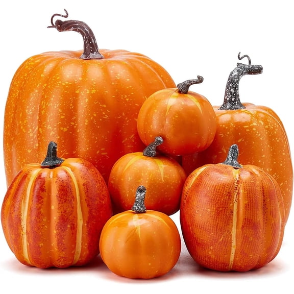7Pcs Fake Pumpkins Artificial Plastic Pumpkins Decorations Foam Pumpkins for Fall Halloween Home Decor (Bright Orange, One Size)