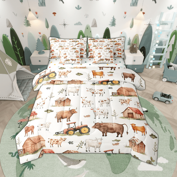7Pcs Farm Animals Twin Comforter Set,Countryside Rural Cow Bedding Sets,Cartoon Tractor Bed In A Bag,Rustic Farmhouse Sheet Set with Comforter
